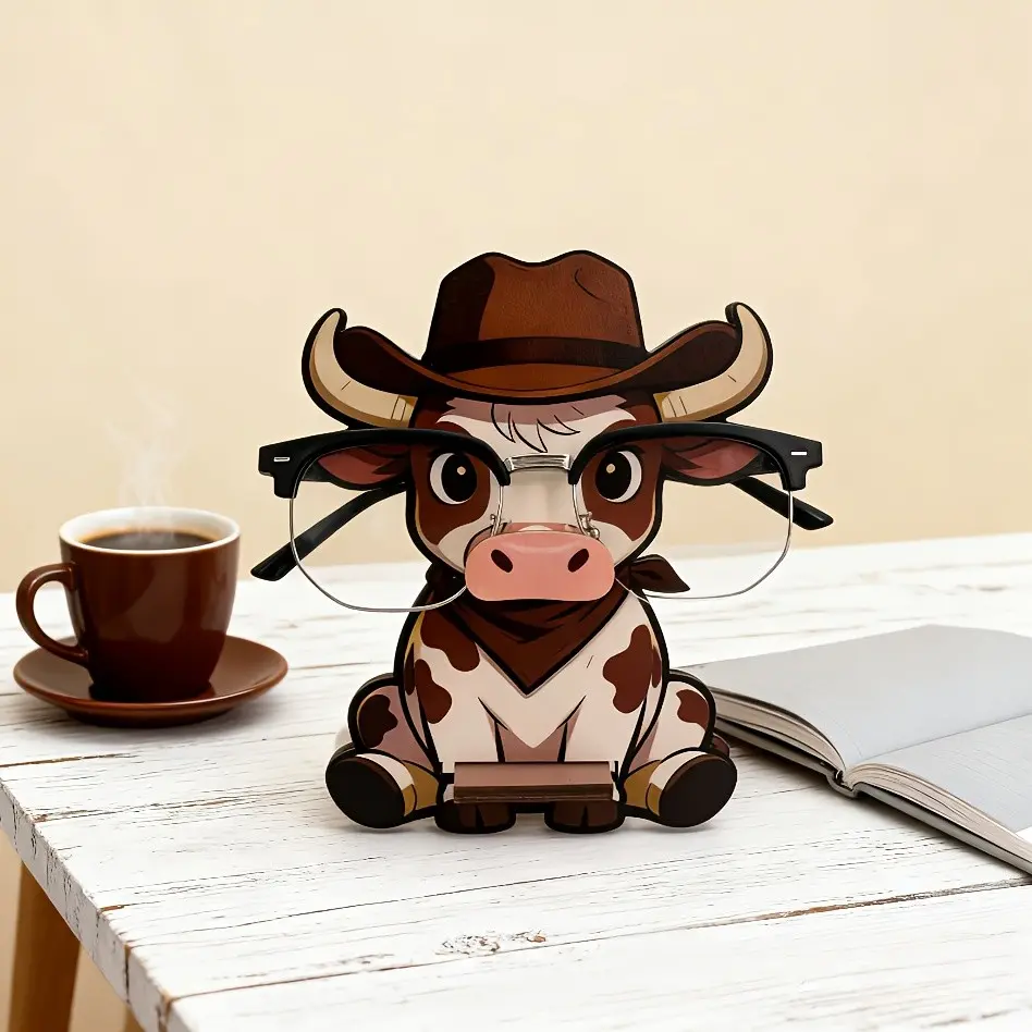 Wooden Cowboy Cow Glasses Frame&Fashion Glasses Display Stand - Glasses Storage Stand&Desktop Fun Ornament Multi functional Ornament, Cartoon Animal Image, Suitable for Home Office, Fun Wooden Home Furnishings, Eyeglasses Holder