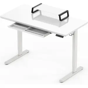 48-Inch Whole-Piece Glass Electric Height Adjustable Desk with Monitor Riser and Drawer, White