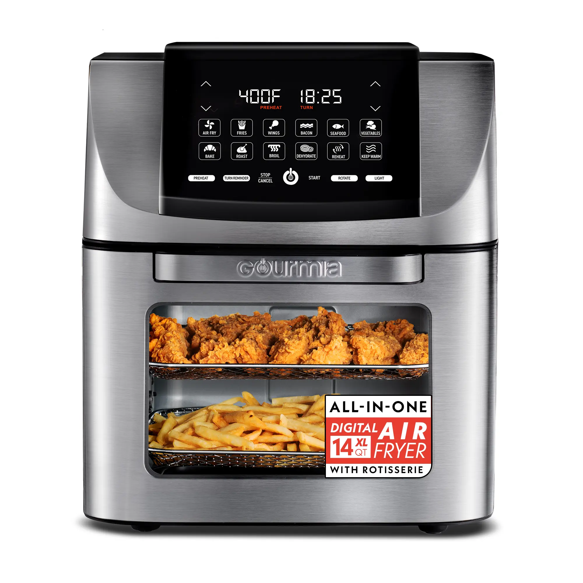 Gourmia 14 Qt All-in-One Digital Air Fryer Oven with Rotisserie 12 Presets FryForce 360° Technology Stainless Steel 1750 Watts Dishwasher Safe Accessories, Family Meals, Forks, Drip Tray, 12 One-Touch Presets