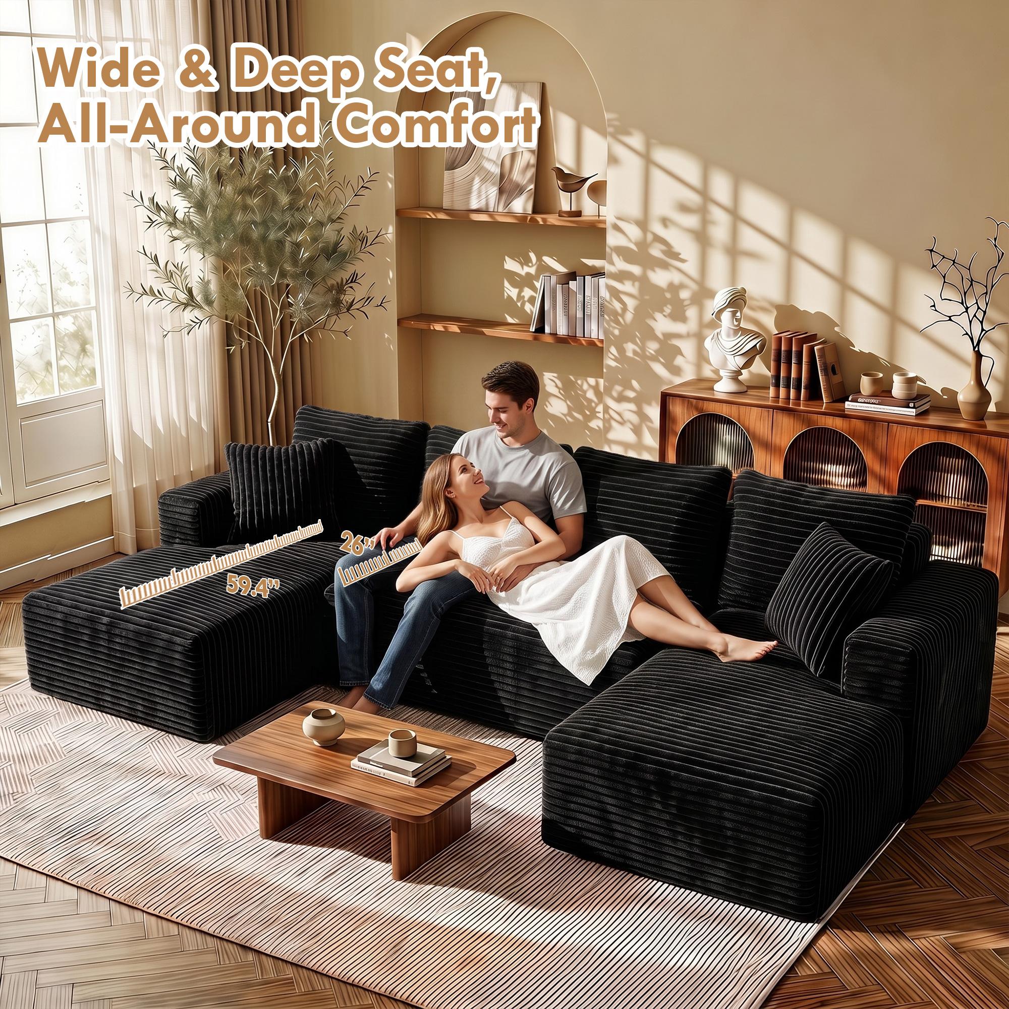 132-Inch Oversized Boneless Cloud U-Shaped Modular Sectional Sofa with Chaise, Modern Ruffled-Textured Couch, Deep Comfortable Seating, Tool-Free Assembly, 2-Separate-Package Shipment, Ideal for Living Rooms