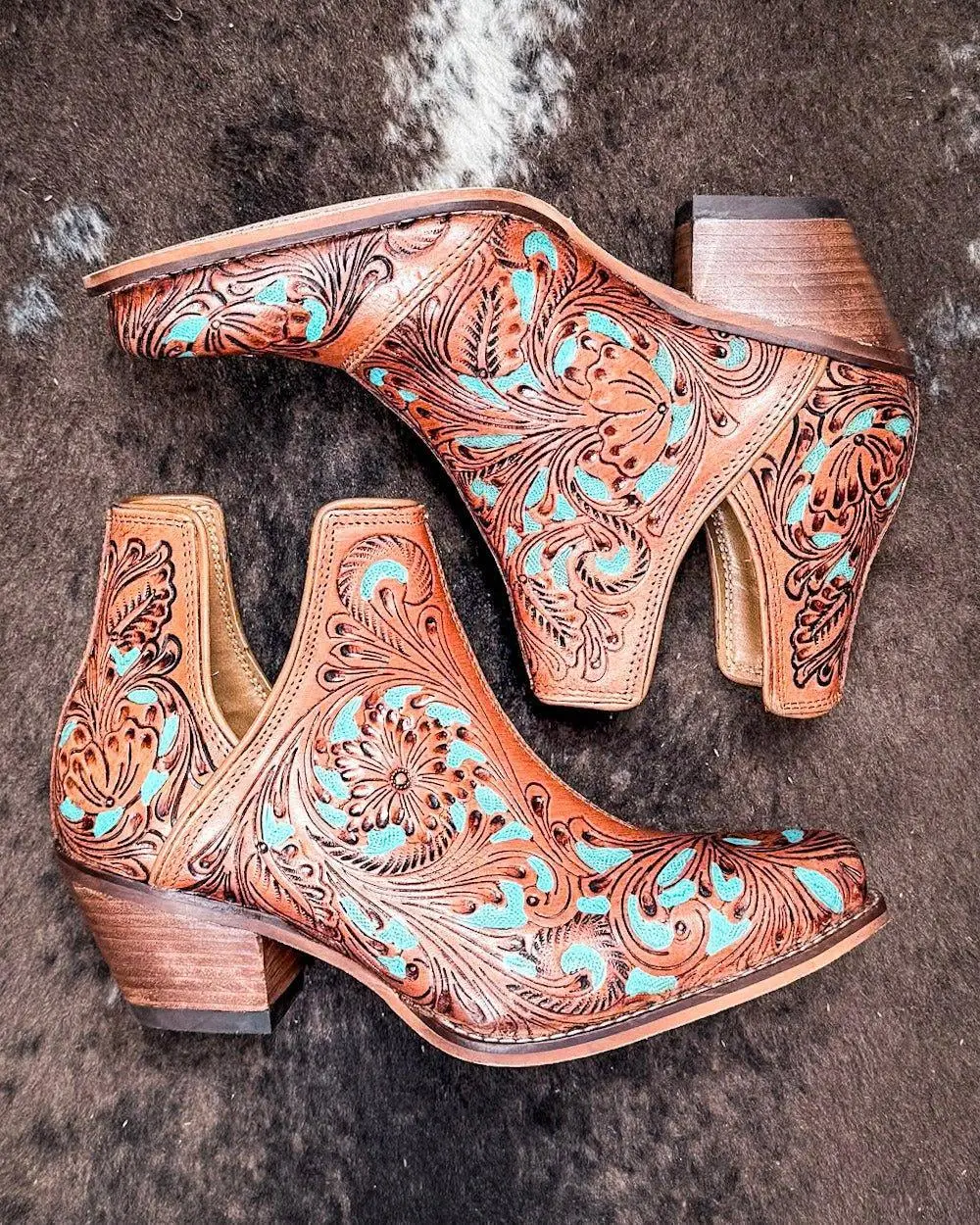 Myra Bag Women's Sundance Spirit Handtooled Floral Design Turquoise Leather Booties - Collaborative Footwear with Loyal West