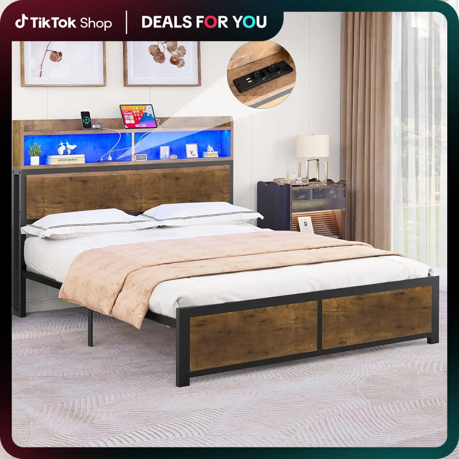 Yitahome King/Queen Size Bed Frame,LED Bed Frame with Headboard,USB Ports & Charging Outlets,Metal Platform Bed Frame with 2 Tiers Storage Shelves, No