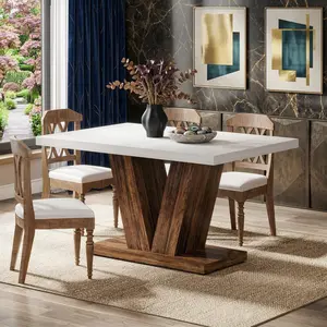 - White + Wood 47-Inch Dining Table, Rectangle Industrial Rustic Kitchen Table with Heavy Duty Pedestal, 250 lbs Weight Capacity, 47.25"W x 31.5"D x 29.9"H, for Home, Kitchen, Breakfast Nooks