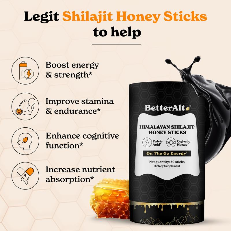 BetterAlt GOLD+ Shilajit Honey Sticks + GOLD+ Shilajit Liquid Drops | Helps Increase Energy, Stamina, Focus | 1-Month Pack