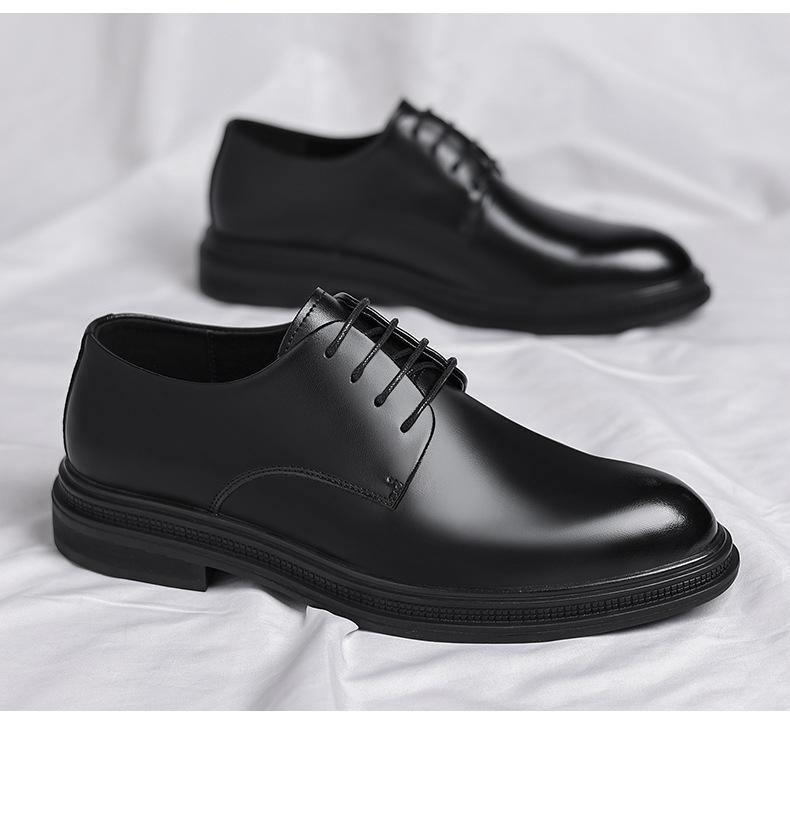 Men’s leather dress shoes for autumn, British style, low-cut black design suitable for commuting and business attire, pairs well with suits.
