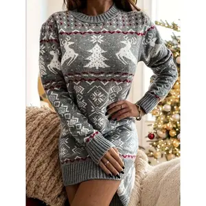 Women'S Festive Christmas Sweater Dress - Polyester 100% Knit Fabric, Crew Neck, Long Sleeve, Bodycon Mini Dress with Xmas Tree & Reindeer Pattern, Fall/Winter Holiday Outfit