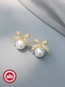 925 Sterling Silver Faux Pearl & Rhinestone Decorated Bowknot Design Earrings, Stud Earring Jewelry, Fashionable Earrings for Women, Trendy All-match & Exquisite Jewelry for Birthday Gift