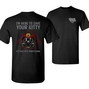 Funny Firefighter Shirt I'm Here to Save Your Kitty, Gas Mask Helmet and Axes Graphic, Humor Tee for Firefighters and First Responders