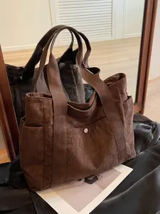 Autumn Winter Large Capacity Corduroy Tote Bag, Plain Multi-Pocket Design, Handheld Single Shoulder Strap, Versatile Daily Use, Corduroy Totes Bag