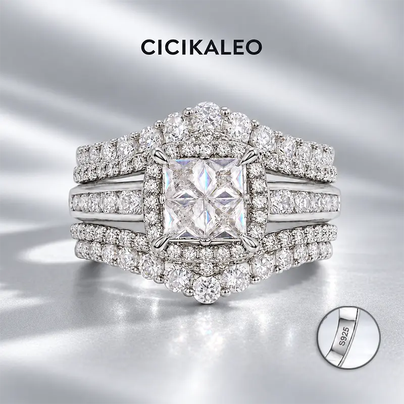 CICIKALEO 18K Gold Plated Princess Cut 925 Wedding Ring Sets for Women, S925 Sterling Silver 3-Piece Cubic Zirconia Halo Engagement Ring with Stackable Wedding Bands, Promise Anniversary Bridal Jewelry for Her
