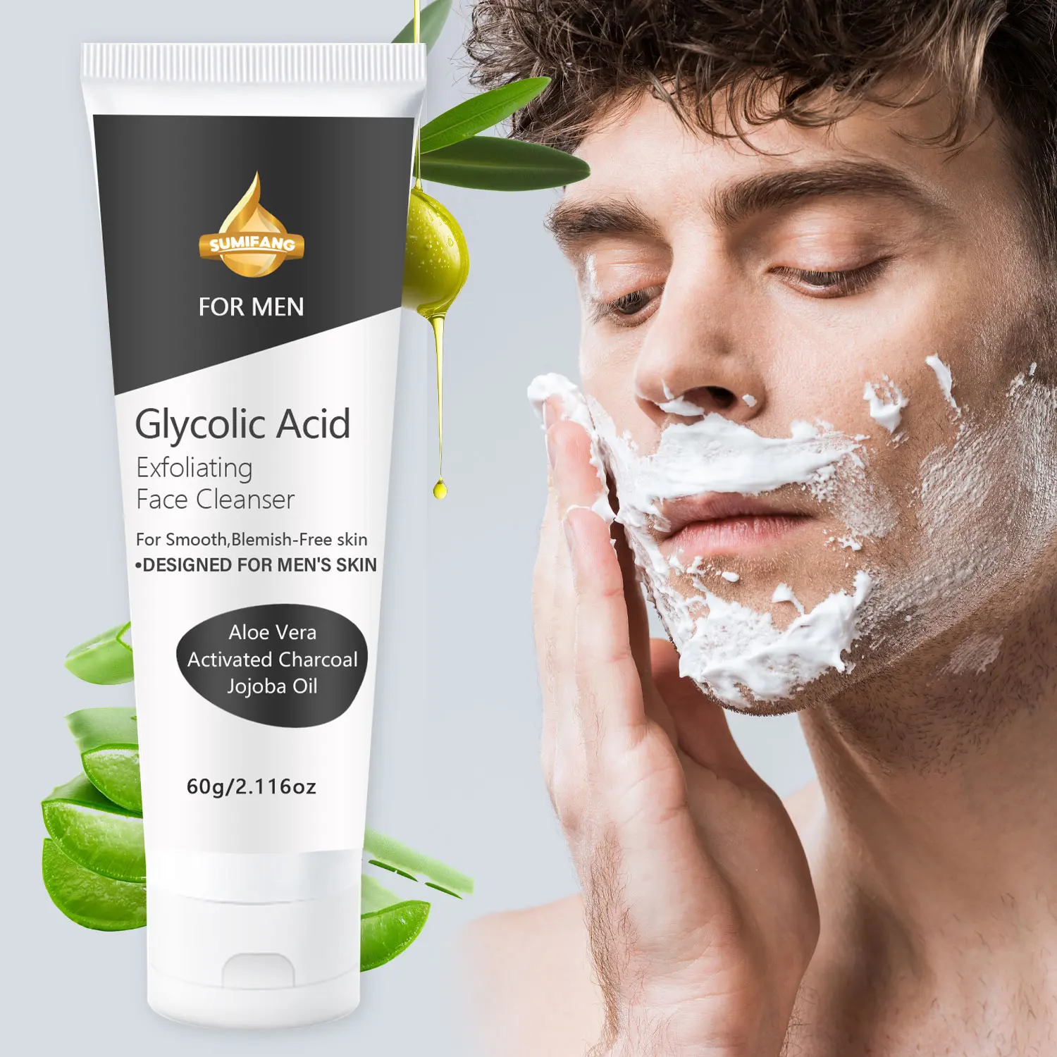 Glycolic Acid Face Wash for Men, Deep Pore Cleansing, Removes Oiliness, Oily, Refreshes Skin Comfortably, Avoid Eyes, Daily Use, Skin Care Product, 60g