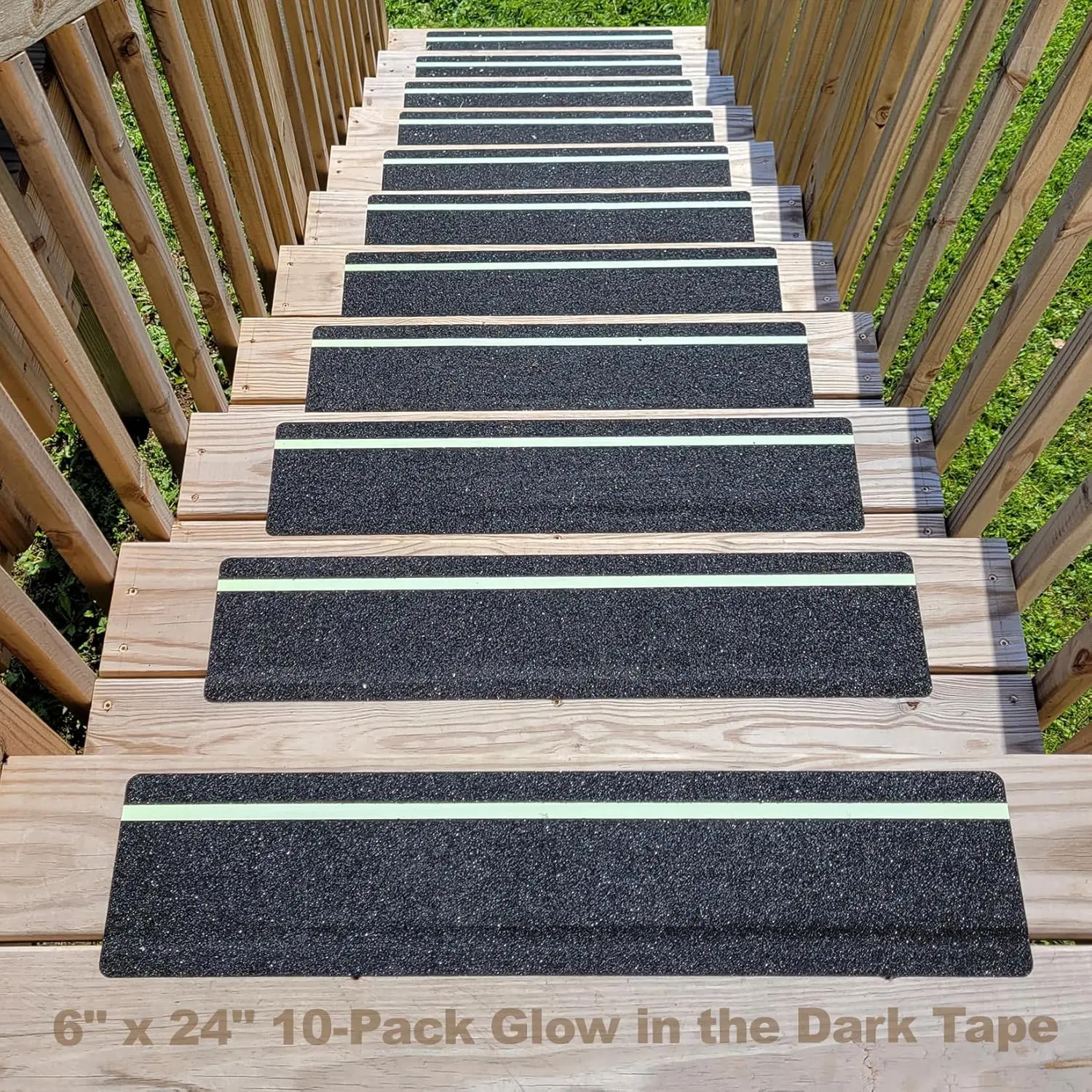 10 PCS Glow-in-Dark Non-Slip PET Deck Grip Tape, 6x24in High-Friction Waterproof Adhesive Strips for Basement Stairs, Steps, Night Safety
