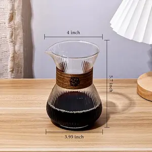 Coffee Carafe, 14oz High Heat Borosilicate Glass Small Coffee Carafe Pot, Striped Pour Over Coffee Maker with Heat-Resistant Wood Ring, Milk Frothing Pitcher Cup (Transparent)
