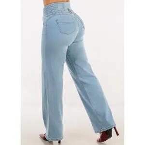 MX JEANS Push Up 3 Button Spandex Waist Straight Wide Leg Jeans Light Blue