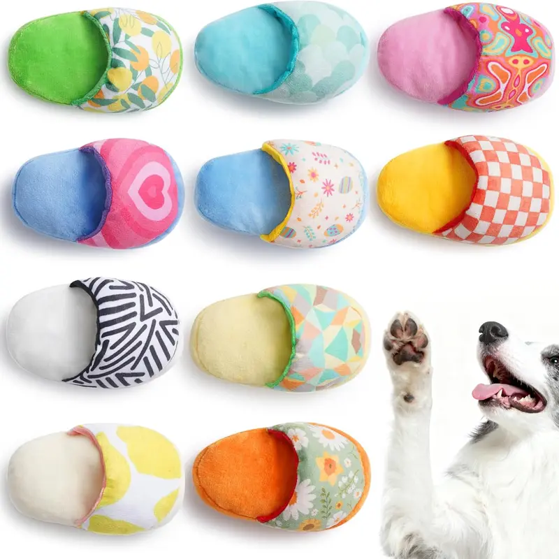 Nocciola 10-Pieces Slipper Squeaky Dog Toys - Soft Plush, Cartoon Print, Squeak & Crinkle, Engaging Sounds, Crinkle Paper, Chew-Carry Structure, Interactive Design, Indoor Boredom Relief for Small/Medium Dogs