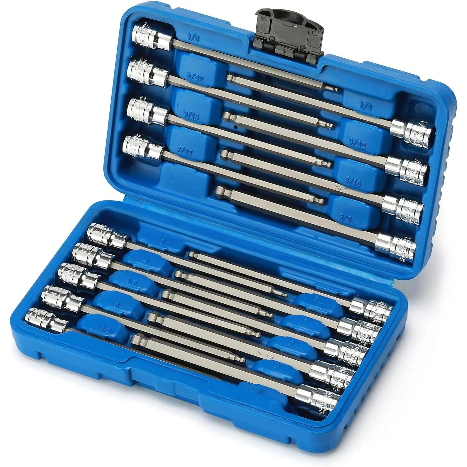 3/8" Drive Extra Long Ball-End Hex Bit Socket Set - 18-Piece Metric & SAE Allen Set, 3mm-10mm, 1/8"-3/8", CR-V & S2 Steel