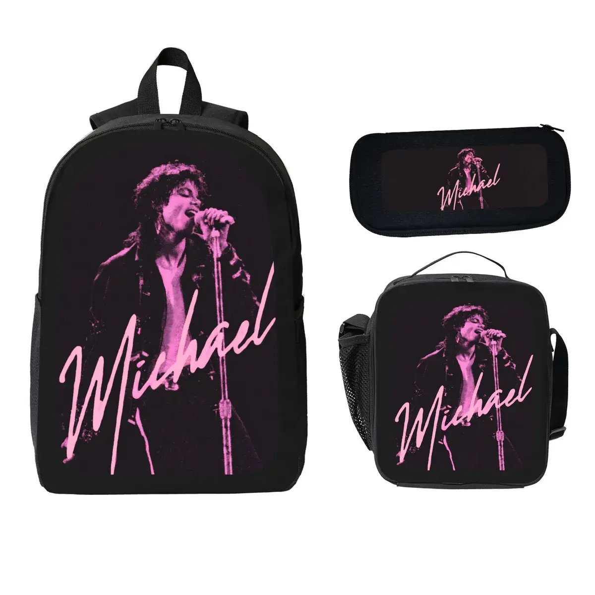 Michael Jackson Backpack Set 3Pcs Kids School Bag Lunch Bag Pencil Case Pop Music Theme Bookbag Lightweight Travel Backpack Adjustable Shoulder Strap Large Capacity Back To School Practical Gift For Boys Girls Students