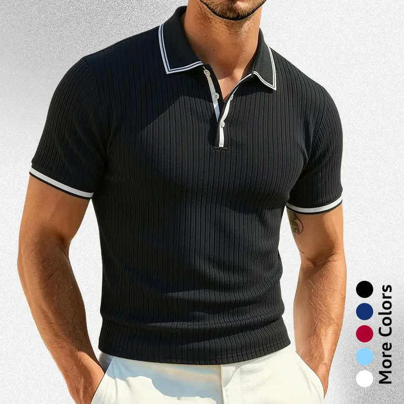 Men's Ribbed Polo Shirt - Slim Fit Short-Sleeve Collared Top for a Smart Casual Look on Date Night or Vacation, M