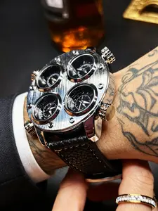 Business Punk Style Men's Watch, Silver Color Case, Band, Four Dial, Multi-Time Zone, Waterproof, Analog Quartz Movement