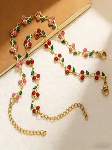 Sweet & Cool Contrast Cherry Bracelet, Stainless Steel Gold-Plated, Diamond-Encrusted Enamel Craft, Full of Whitening Atmosphere, Must-Have for Sweet Girls Daily & Dates, Fashionable Bracelet