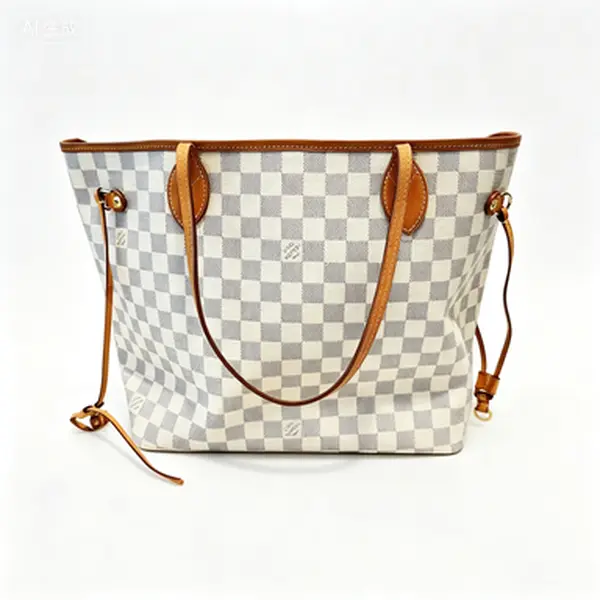 Pre-owned Louis Vuitton Neverfull MM Damier Azur White Blue Check Canvas Tote Vachetta Leather Drawstring Side Ties