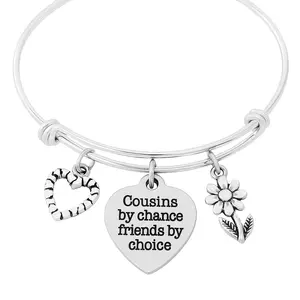 Cousins by Chance Friends by Choice Charm Bracelet – Adjustable Silver Bangle with Heart and Flower Charms