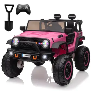 Pink 24V 4 wheeler ride on car with 2 seats, featuring 5.5MPH top speed, remote control mode, foot accelerator, durable treaded tires, flexible steering wheel and clear audio system, safe and fun ride on toy for big kids.