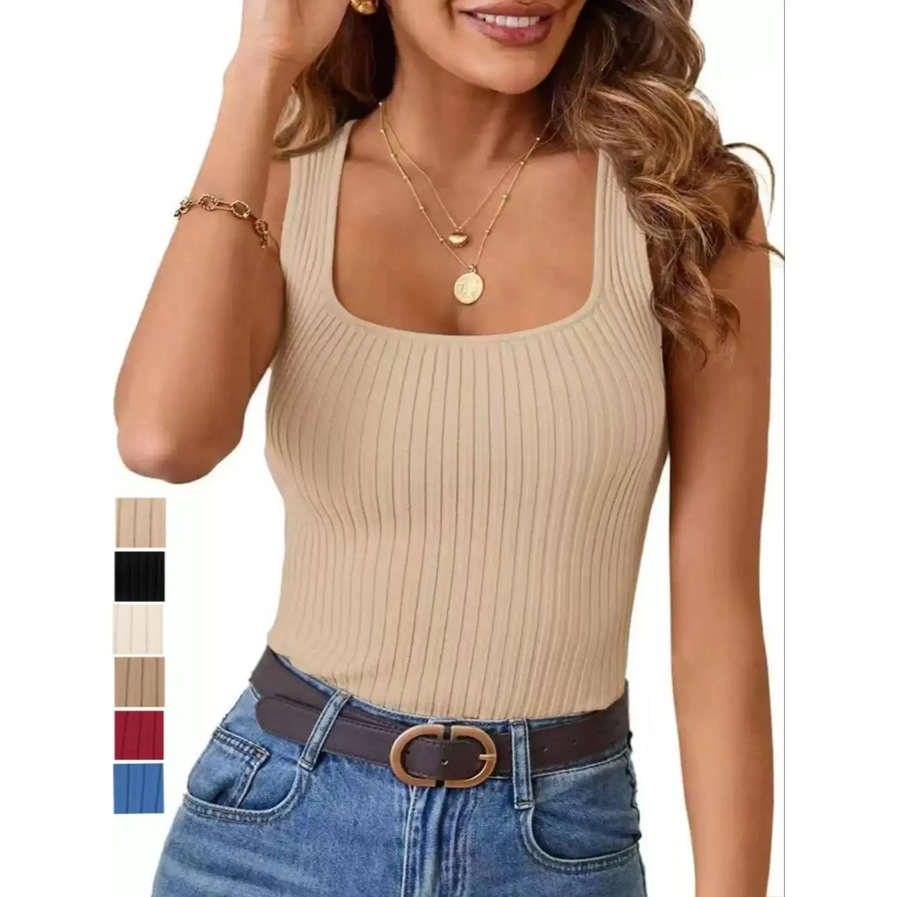 Women's Plain Square Neck Ribbed Tank Top for Summer, Machine Washable Casual Comfy Cami, Ladies' Daily Wear Tops, Machine Wash