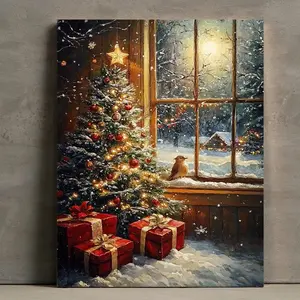 1 Piece Wooden Frame Christmas Tree Canvas Wall Art - Festive Atmosphere Red Decorations, Gifts and Snow Scene Window Scene - Ready-to-Hang Bathroom, Living Room, Office Decoration - Vintage Winter Decoration Suitable for Christmas and New Year's Eve - Wo