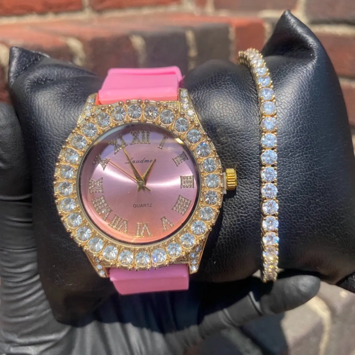 Iced Out Pink Silicone Rubber Band Women Watch, Luxury Gold Finish Tennis Bracelet Analog