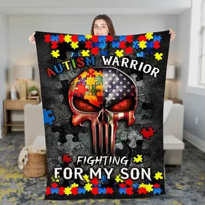 Autism Warrior Fighting for My Son Fleece Sherpa Blanket - Modern Print Pattern - Soft and Cooling Material - Christmas Blanket