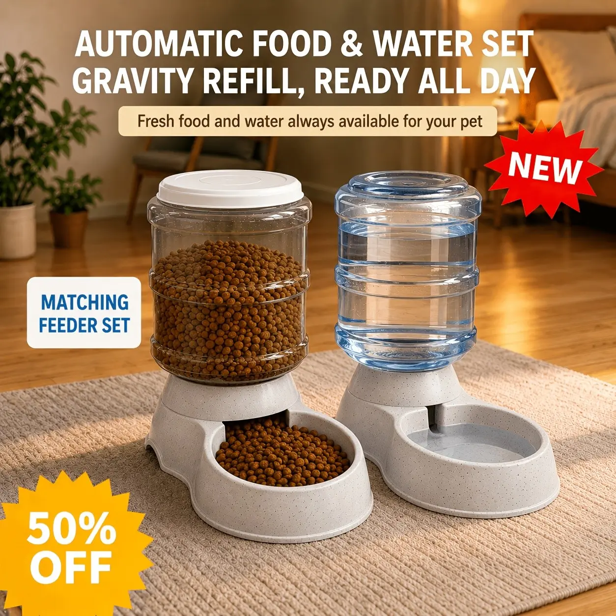 Automatic Gravity-Fed Battery-Free Pet Feeder & Water Dispenser Suitable for Small/Medium Cats & Dogs, Durable PP Automatic Feeding System with Drinking Bowl, Hygienic Continuous /Water Supply for Use, Ideal Gift for Owners