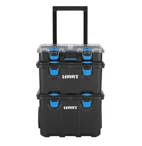 HART Stacking System, Mobile Tool Storage and Organization, Black & Blue, wheeled tool box with modular stacking design, heavy-duty mobile tool box for garage, workshop, construction site and home use.