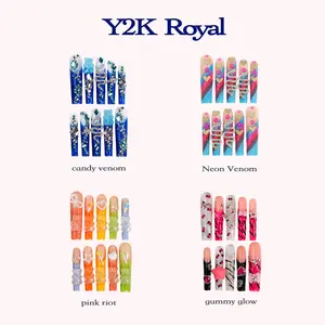 PetaLedge Reusable Extra Long Square Press On Nails 2.13" – Y2K Acrylic Press On Nail Sets with 3D Jelly Bear Charms, Rhinestone Snake Chains, Glitter Ombre Cute Fake Nails, Handmade Press On Nails for Coquette Girls