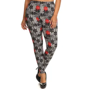 Plus Size Puzzle/plaid Print, Full Length Leggings In A Slim Fitting Style With A Banded High Waist