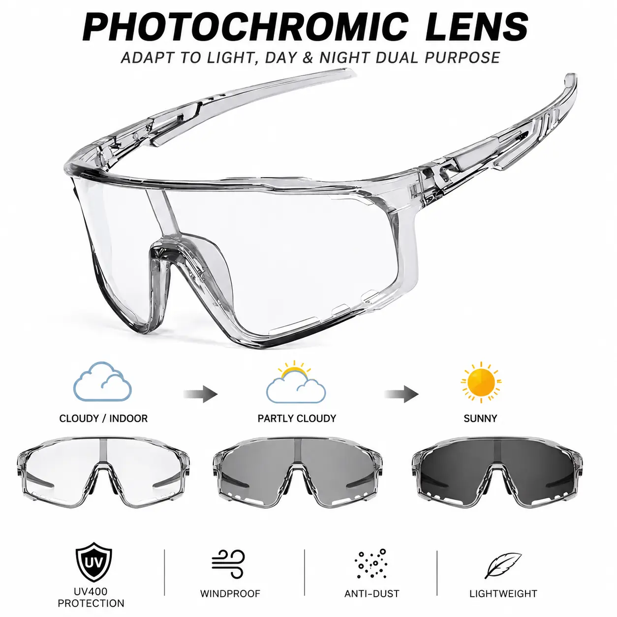 Unisex Photochromic Cycling Glasses - Lightweight Frame Bicycle Accessories, UV-Sun-Proof, Windproof Anti-Dust Fit, Mountain Bike Glasses for Biking/Hiking, Summer Sale Day-Night Dual-Use Sports Eyewear