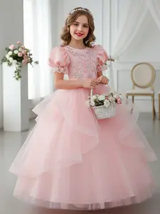 New Long Dress for Wedding Flower Girl, Asymmetrical Mesh Embroidered Princess Dress, Bubble Short Sleeve Party Dress, Graduation Ball Gown, Piano Performance Dress