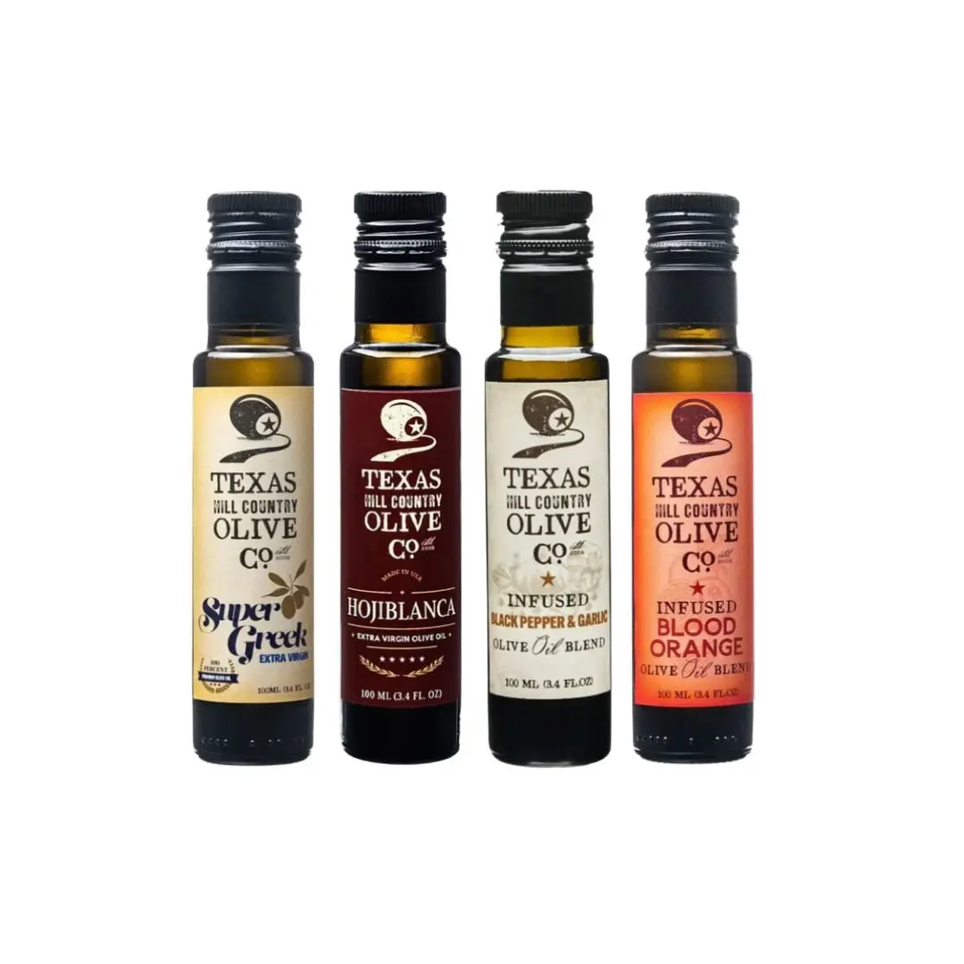 Texas Hill Country Olive Co Best Selling Extra Virgin Olive Oil Mini Gift Set - Includes Super Greek, Hojiblanca, Black Pepper Garlic, & Blood Orange Infused Oils - 4 x 100ml Bottles