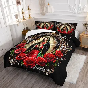 2/3 Pcs Vibrant Our Lady of Guadalupe with Red Roses & Ornate Golden Jewels Digital Print Comforter Set, Premium Microfiber Bedding Set, Quilted Design, Warm & Breathable, Thoughtful Gift for Faithful & Mexican Enthusiasts - Without Pillow Insert