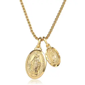 Hermah Double Virgin Mary Pendants Necklace Stainless Steel Box Link (2 charms + 1 chain)