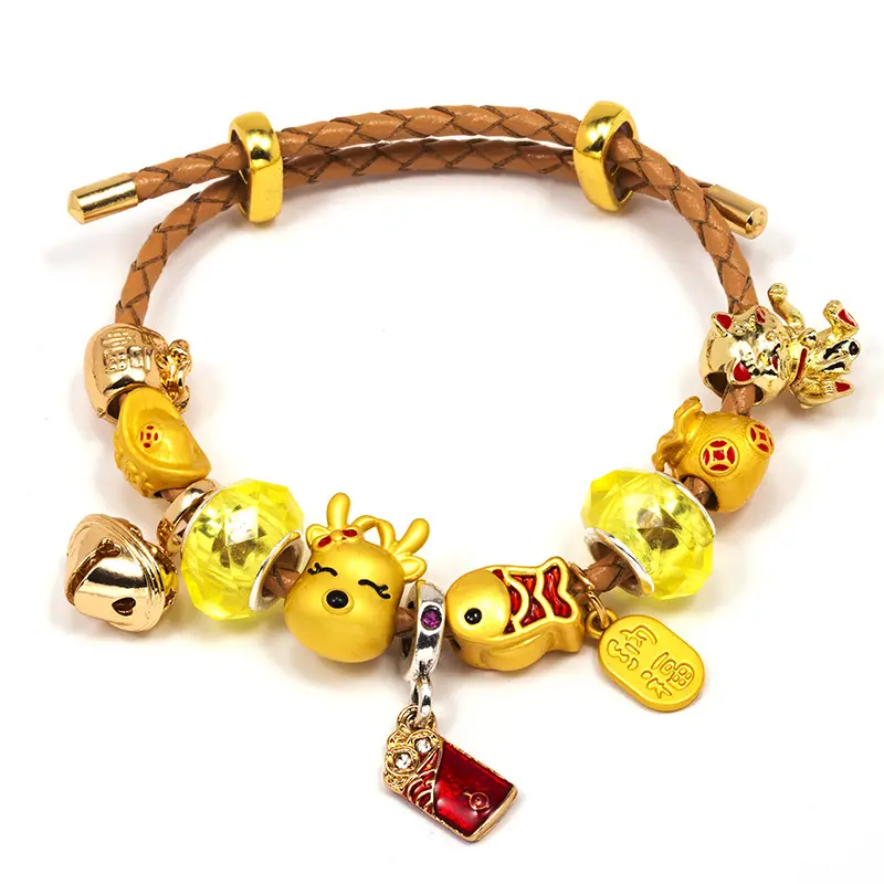 Women's Oriental Fortune Beaded Braided Leather Bracelet-Bangle, Adjustable Arm Candy Accessory with Animal (Deer, Koi, Cat) Red Enamel Pendant for Daily Wear