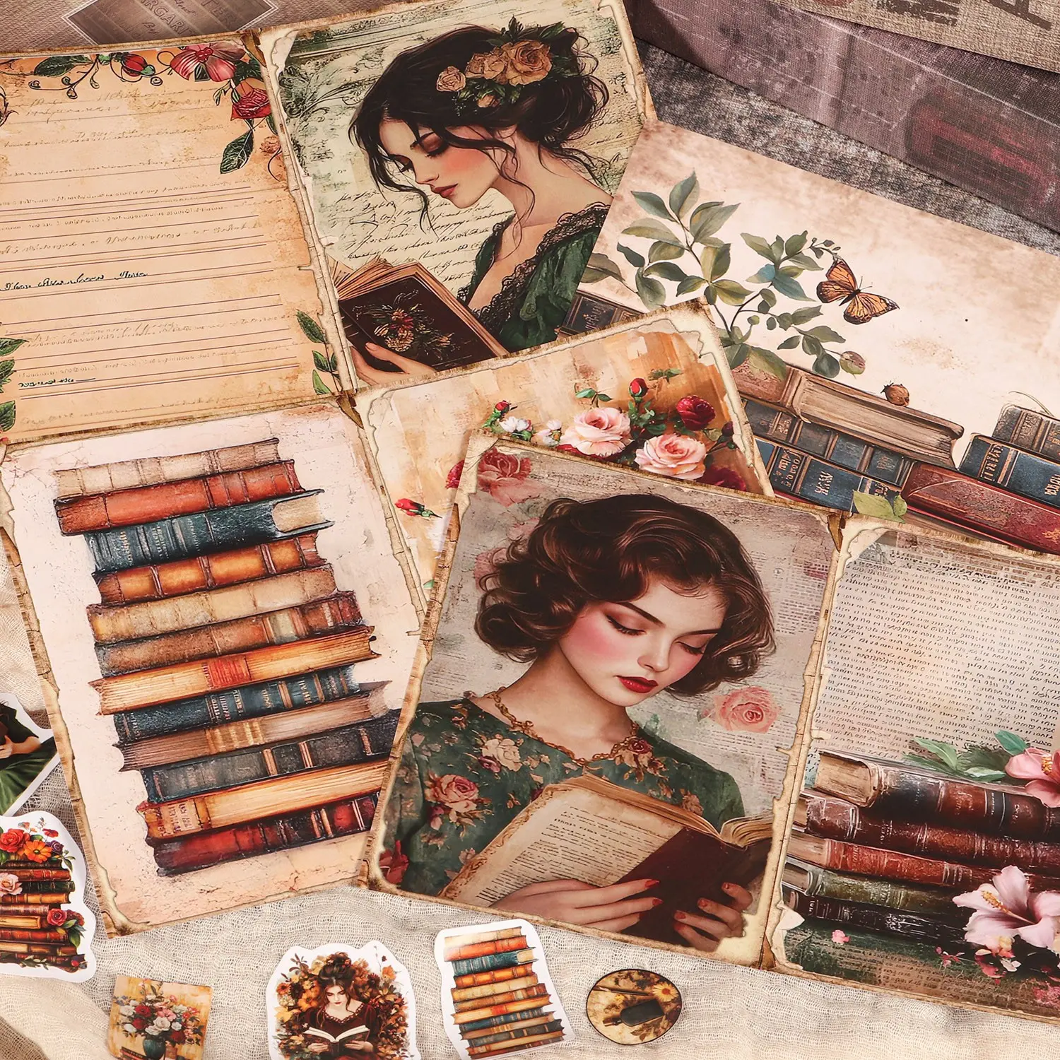 64pieces(12 A5 papers and 52stickers)Secret Library Junk Journal Kits, Journal Kit Set, Craft Kit, Crafting Kit, With Characters, Butterflies, Flowers, Old Book, for DIY Crafts, Journaling Supplies, Collage Decoration