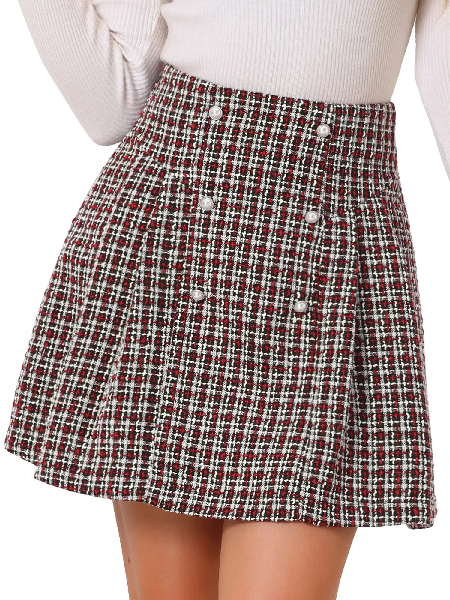 INSPIRE CHIC Elegant High Waist A-Line Button Front Plaid Tweed Mini Skirt