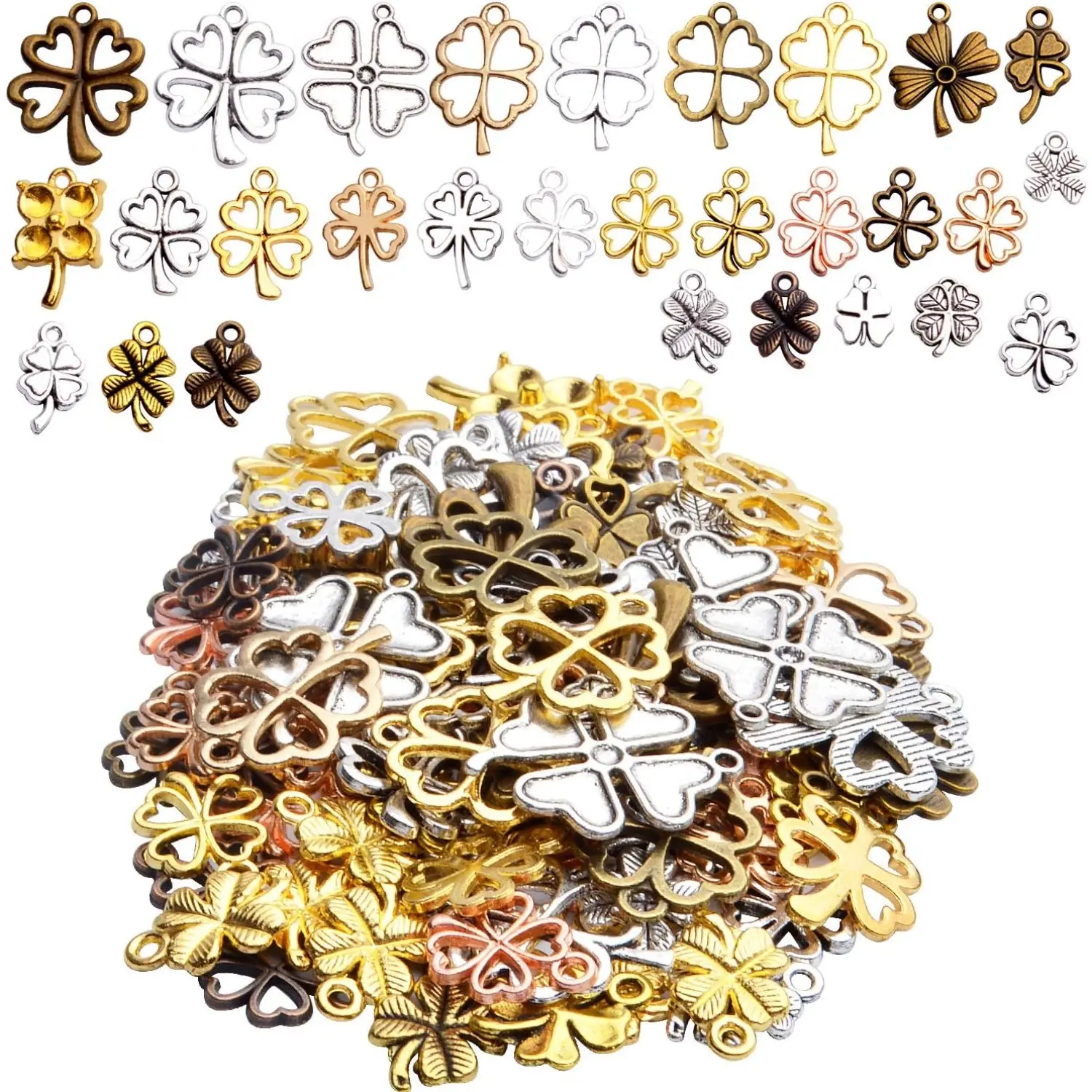 Mixed Four Leaf Clover Charms, 100 Gram Alloy Lucky Clover Pendant Craft Supplies Jewelry Findings Accessory for DIY Necklace Bracelet Making