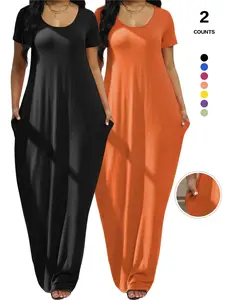 Sexy Loose Fit Maxi Dress, Short Sleeve Pocket Detail, Summer Beach, Lengthen Legs, Contemporary Style, Spring & Fall