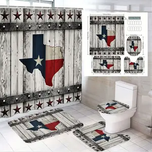 4pcs Rustic Texas-Themed Bathroom Ensemble with Weathered Wooden Shower Curtain, Texas Flag Design, Barn Star Accents, Matching Toilet Covers & Bath Mats for a Cozy Western Aesthetic in Your Home Decor