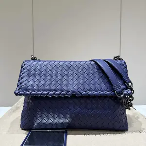 Pre-owned Bottega Veneta LEATHER Crossbody Bags Nappa Intrecciato Large Olimpia Bag Blue 84917329