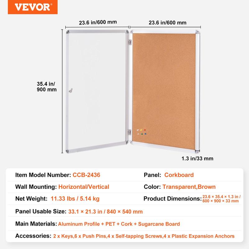 VEVOR 36"x24" Enclosed Cork Board with Aluminum Frame –  Lockable Bulletin Board with Acrylic Door & 2 Keys – Weather-Resistant Wall Display Case for School, Home, Office