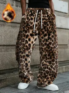 Trending Mob Wife Aesthetic Leopard Print Fleece Pants, Winter Thick Warm Fuzzy Wide Leg Trousers, Y2K Retro Plush Streetwear Joggers for Bold Winter Outfits