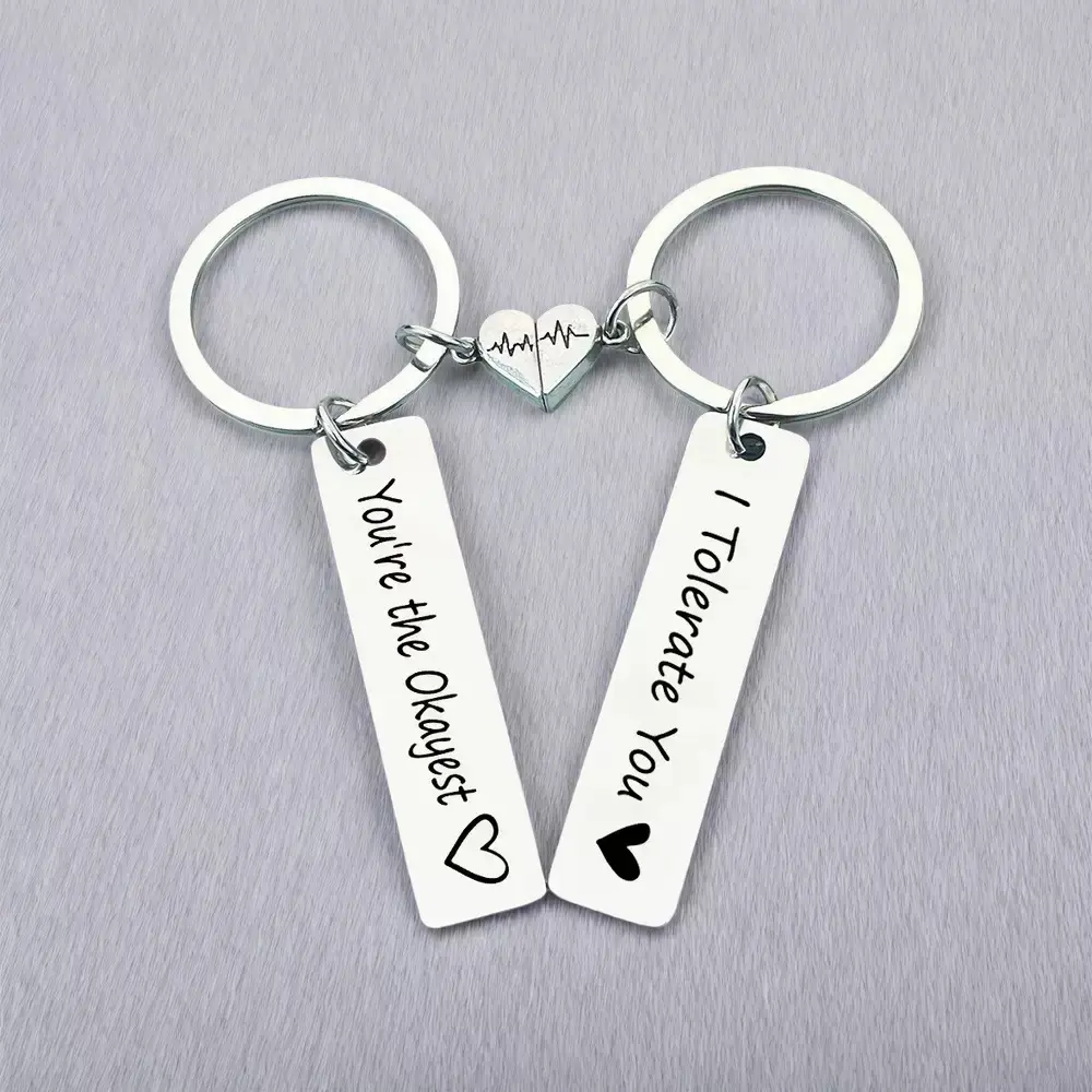 2pcs Funny Matching Couple Keychains ,“You’re the Okayest” & “I Tolerate You” Heartbeat Keychain Set, Cute Anniversary Gift for Boyfriend Girlfriend